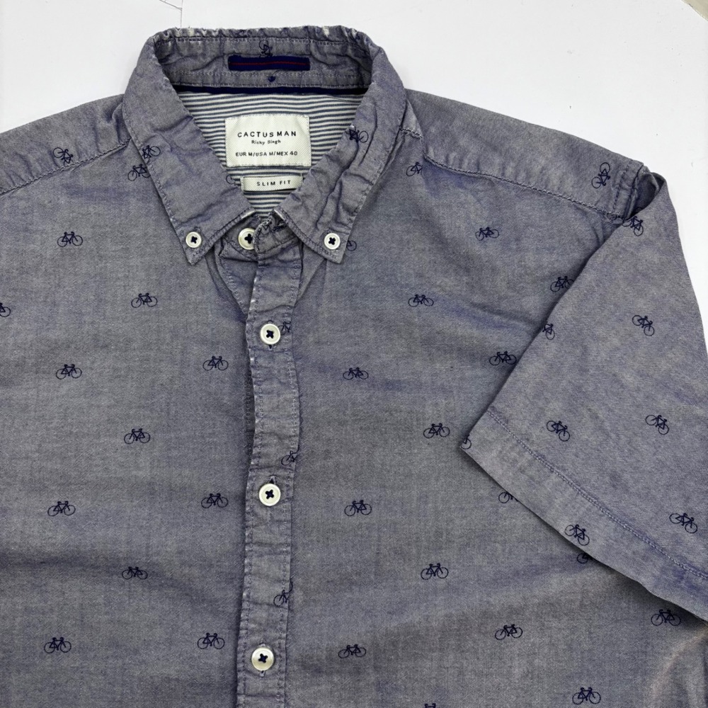 Cactus Man Ricky Singh Blue Bicycle Print Short Sleeve‎ Slim Fit Shirt Mens M